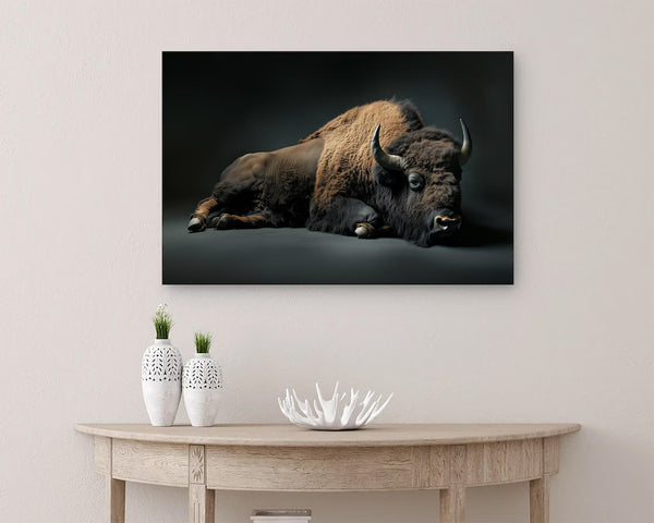 Bison laying down wall art in earthy tones, printed on premium canvas and ready to hang