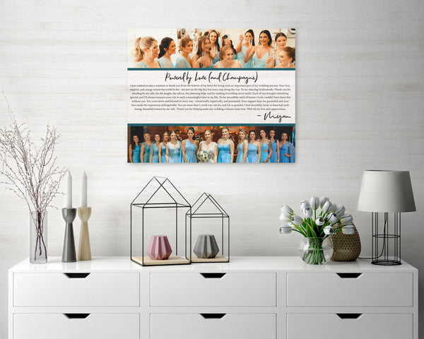 Personalized bridesmaid and maid of honor photo canvas hanging on wall, featuring custom names, thank you message, and wedding photo