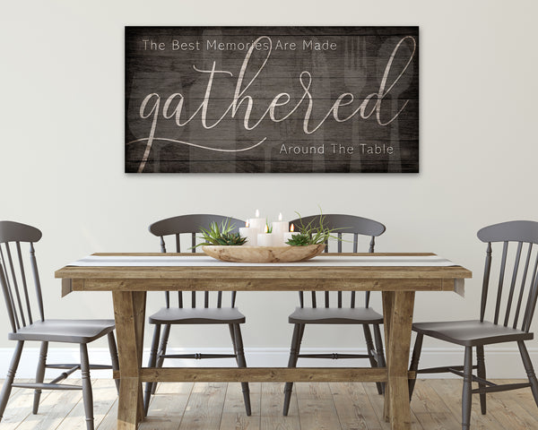 Farmhouse-style quote sign hanging on a wall above a dining table
