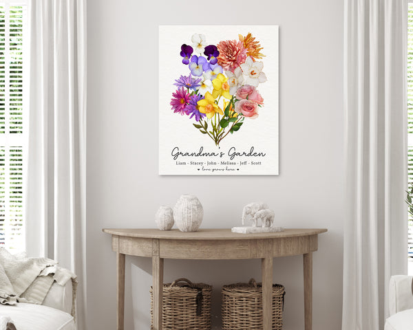 Vertical canvas with the birth flowers of the grandchildren.