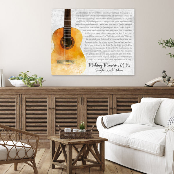 Guitar Lyrics Canvas on wall in a Light Grey Color with Music in the background.