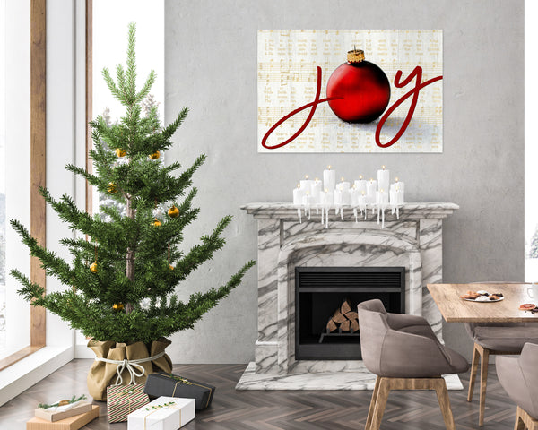 Joy to the World Christmas canvas with elegant script, ornament, and vintage sheet music background in a gold color.