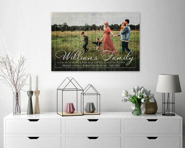 Personalized Last name wall art with custom photo hanging in hallway