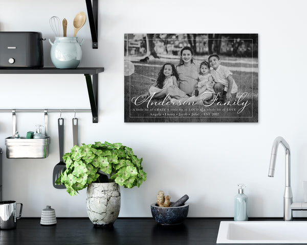 Personalized Last name wall art with custom photo hanging on Kitchen wall