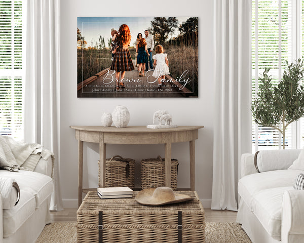 Personalized Last name wall art with custom photo on Family Room Wall