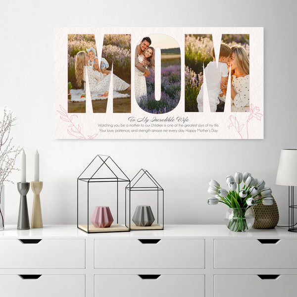 Horizontal Mother's Day photo collage with multiple family photos and personalized text, custom gift for mom showcasing cherished memories.