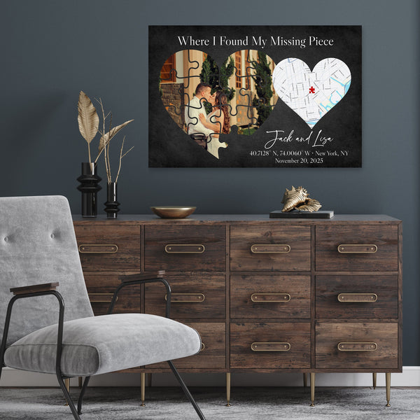 Where I found my missing piece personalized map puzzle heart canvas