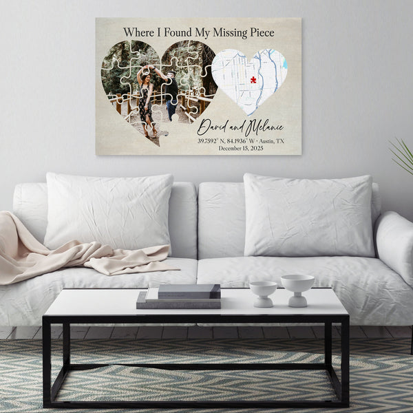 Where I found my missing piece personalized map puzzle heart canvas