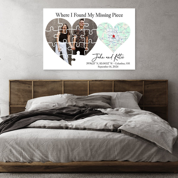 Where I found my missing piece personalized map puzzle heart canvas