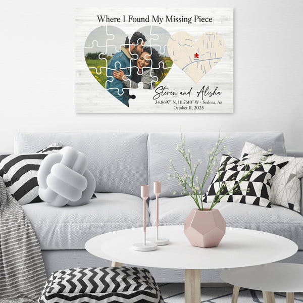 Where I found my missing piece personalized map puzzle heart canvas