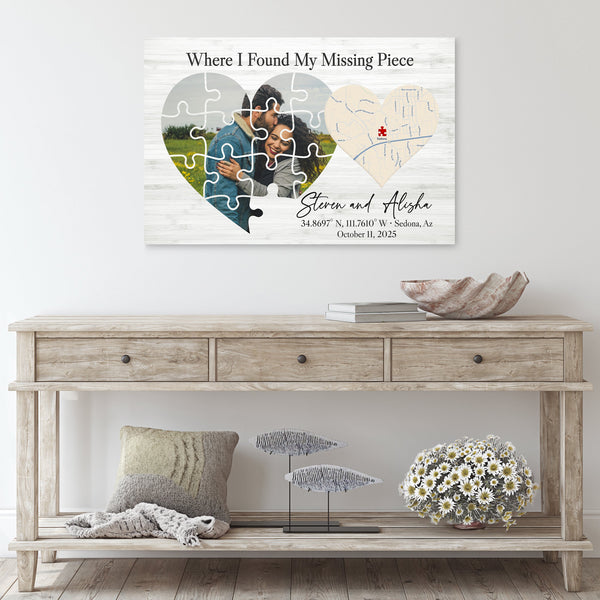 Where I found my missing piece personalized map puzzle heart canvas