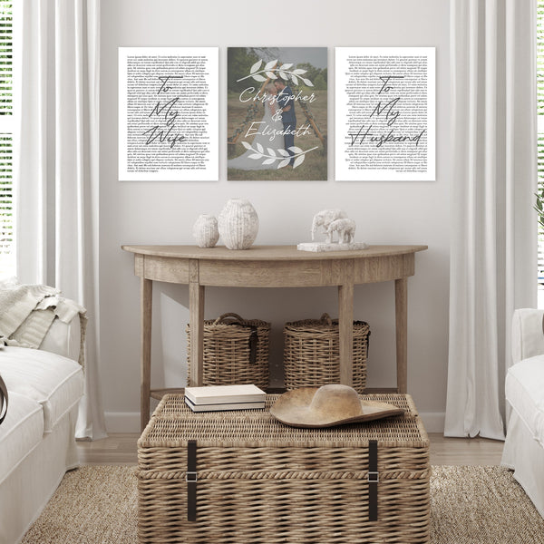Set of 3 wedding vows canvases displayed side by side on wall