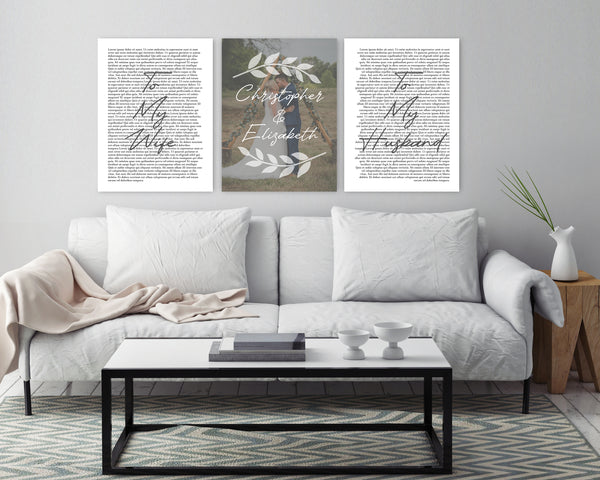 Set of 3 wedding vows canvases displayed side by side on wall above couch