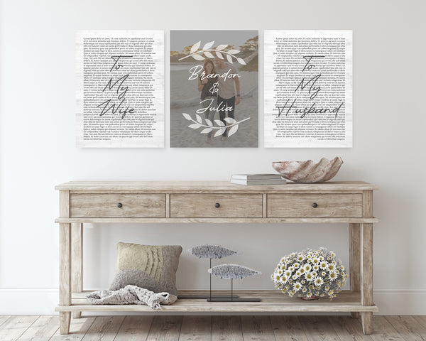 Set of 3 wedding vows canvases displayed side by side on wall