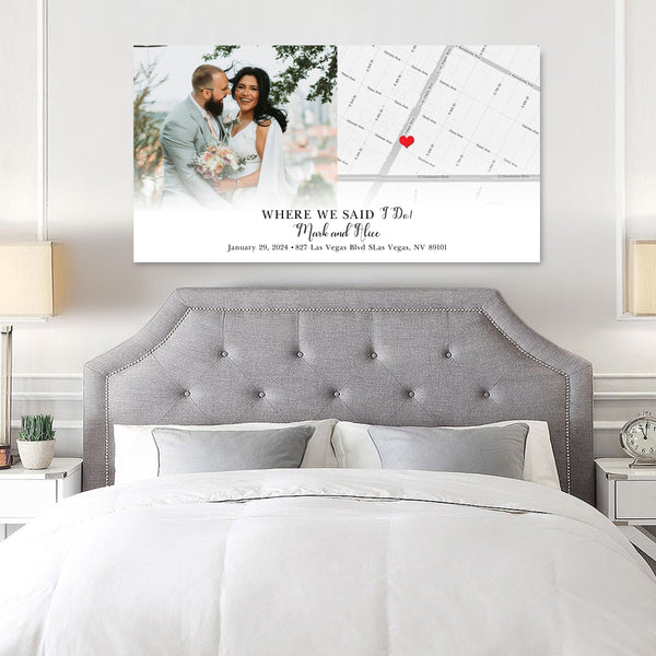 A "Where We Said I Do" canvas hanging over a bed