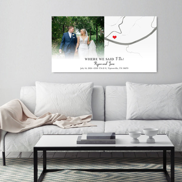 A "Where We Said I Do" canvas hanging on a wall over a couch.