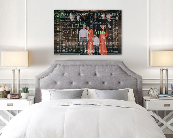 Personalized Word Art Photo Design Canvas hanging on the wall in the bedroom