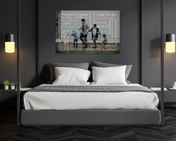 Personalized Word Art Photo Design Canvas hanging on the wall in bedroom