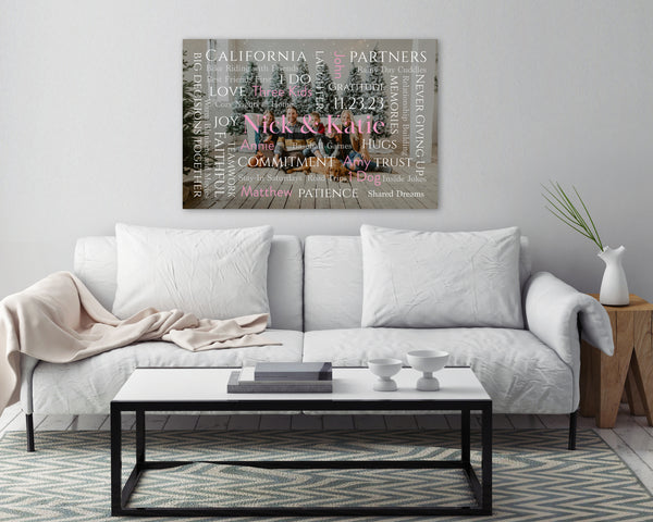 Personalized Word Art Photo Design Canvas hanging on the wall above the couch