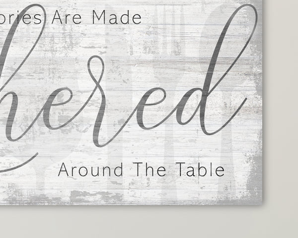 Detail of distressed wood texture and black lettering on light grey farmhouse sign