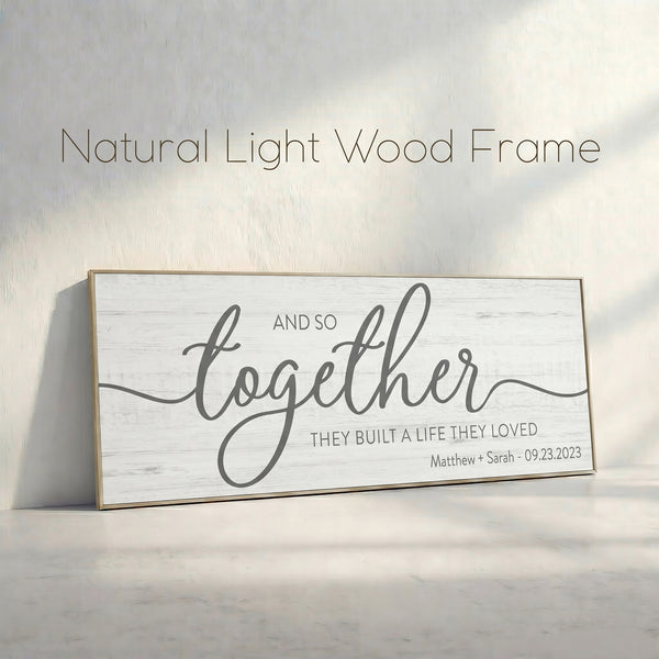 Wooden sign with 'And so together' text and customizable date on a light background