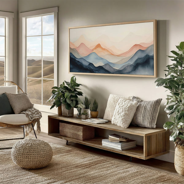 Modern living room with a wooden shelf, sofa, and abstract mountain landscape wall art.