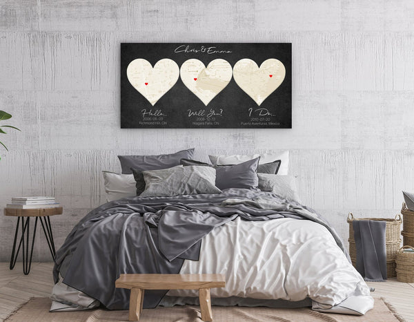 3 Heart Map Ivory 14th Anniversary Gift