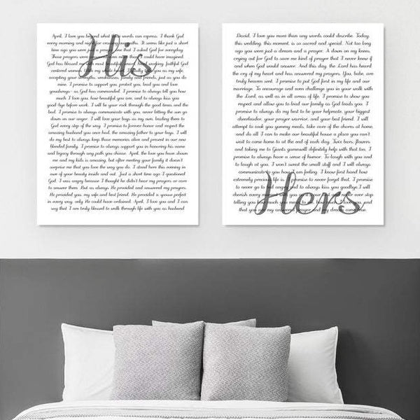 This is a personalized 2 piece canvas. It includes his vows and her vows. You may also change the color and font of the design.