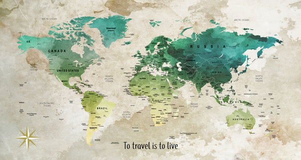 Push Pin Travel Map - Greens and Yellow 1