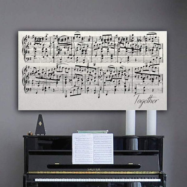 A personalized sheet music canvas with song title. Includes customization of color, font, and song.