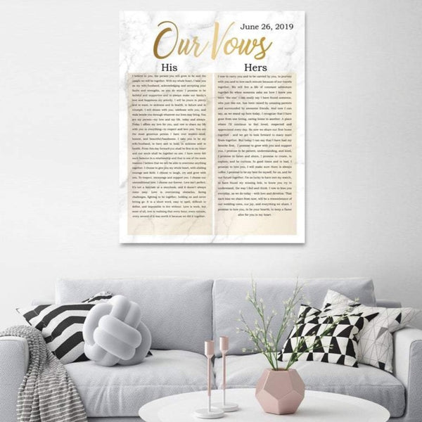 This is a personalized vertical canvas with his and her vows. You can also include names and wedding date.