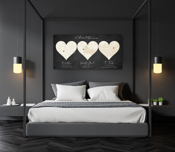 Custom 3 Heart Map Ivory 14th Anniversary Gift