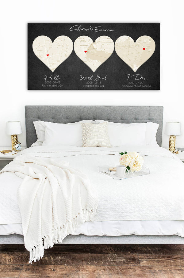 Custom Ivory 3 Heart Map 14th Anniversary Gift