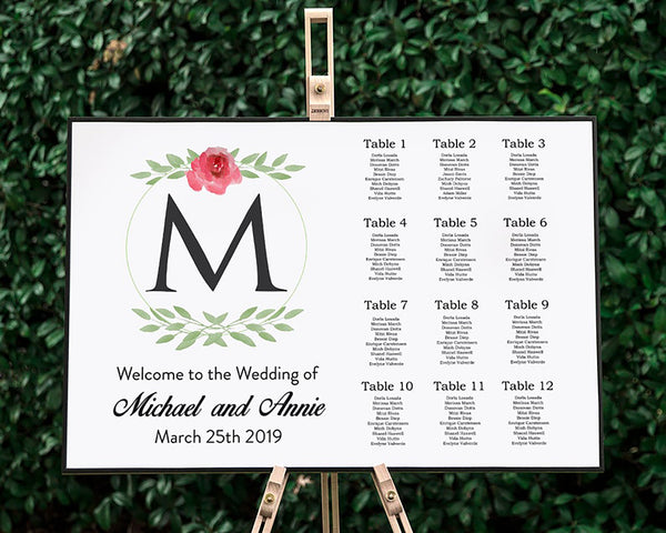 Monogram White Background Wedding Seating Chart
