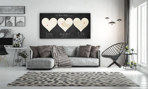 Personalized Ivory 3 Heart Map 14th Anniversary Gift