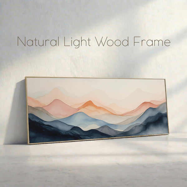 mountain landscape painting with a natural wood frame
