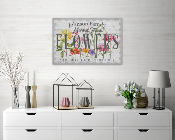 Custom flower market canvas showing detailed spring flower illustrations on a white wood background. 