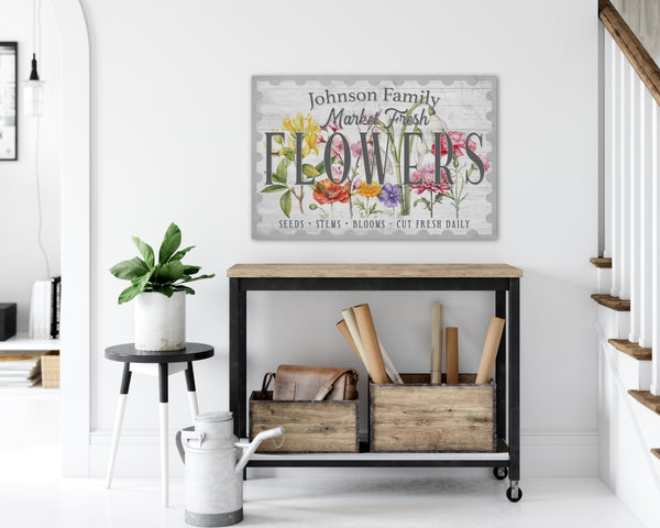 Custom flower market canvas showing detailed spring flower illustrations on a white wood background. 