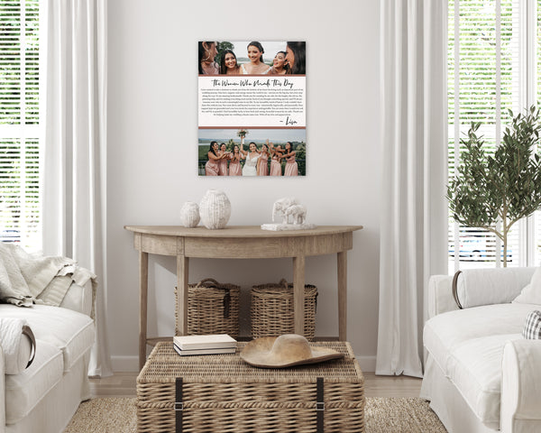 Personalized bridesmaid and maid of honor photo canvas hanging on wall, featuring custom names, thank you message, and wedding photo