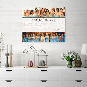 Personalized bridesmaid and maid of honor photo canvas hanging on wall, featuring custom names, thank you message, and wedding photo
