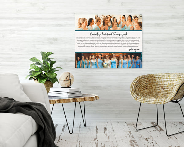Personalized bridesmaid and maid of honor photo canvas hanging on wall, featuring custom names, thank you message, and wedding photo