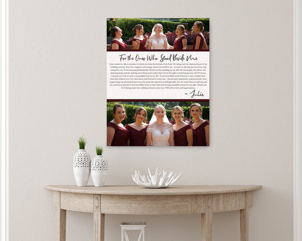Close up photo of personalized bridesmaid and maid of honor photo canvas hanging on wall, featuring custom names, thank you message, and wedding photo