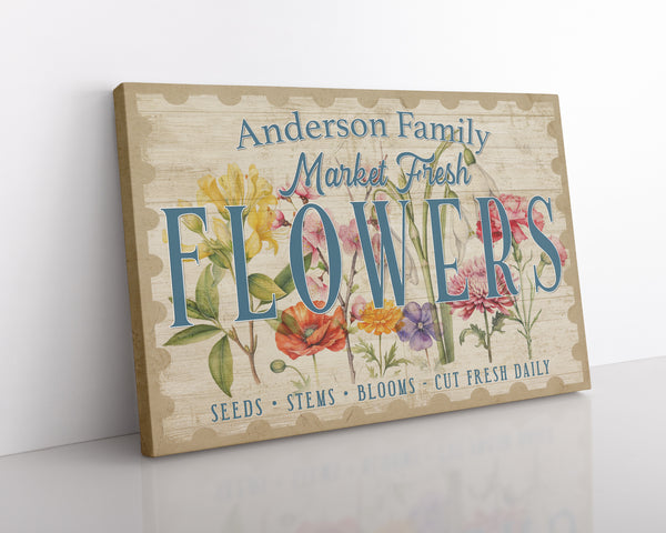 Close-up of custom flower market canvas showing detailed spring flower illustrations on a tan background. 