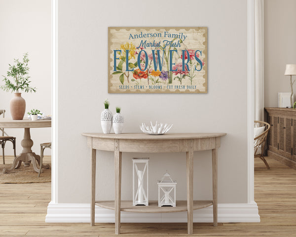 Custom flower market canvas showing detailed spring flower illustrations on a tan background. 