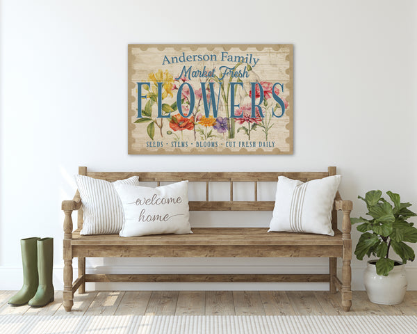 Custom flower market canvas showing detailed spring flower illustrations on a tan background. 