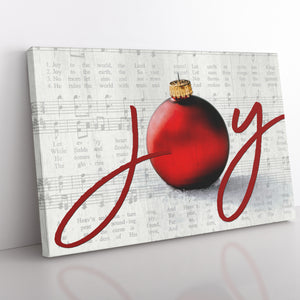 Joy to the World Christmas canvas with elegant script, ornament, and vintage sheet music background in a silver color.