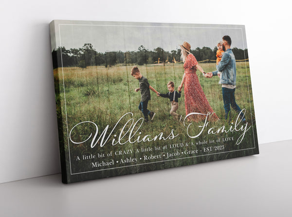 Personalized Last name wall art with custom photo laying against wall