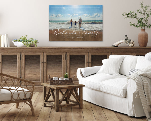 Personalized Last name wall art with custom photo on family room wall