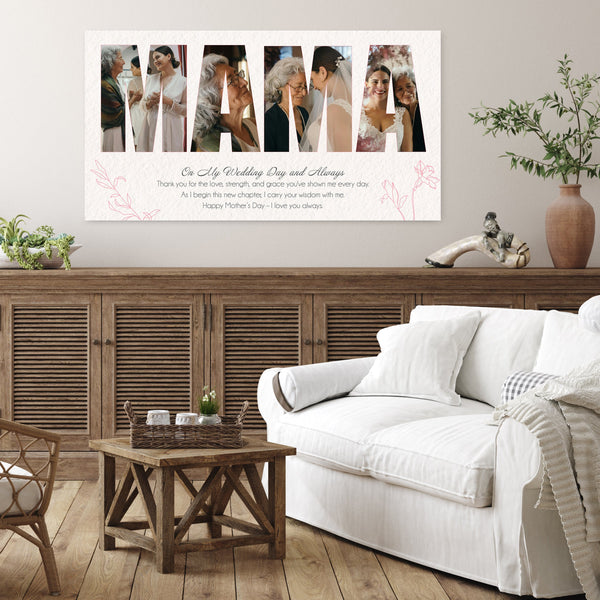 Custom bride to mom photo canvas featuring a heartfelt message and a wedding photo, personalized gift from daughter to mother on her wedding day.