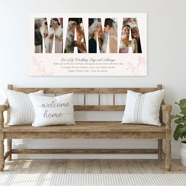 Custom bride to mom photo canvas featuring a heartfelt message and a wedding photo, personalized gift from daughter to mother on her wedding day.